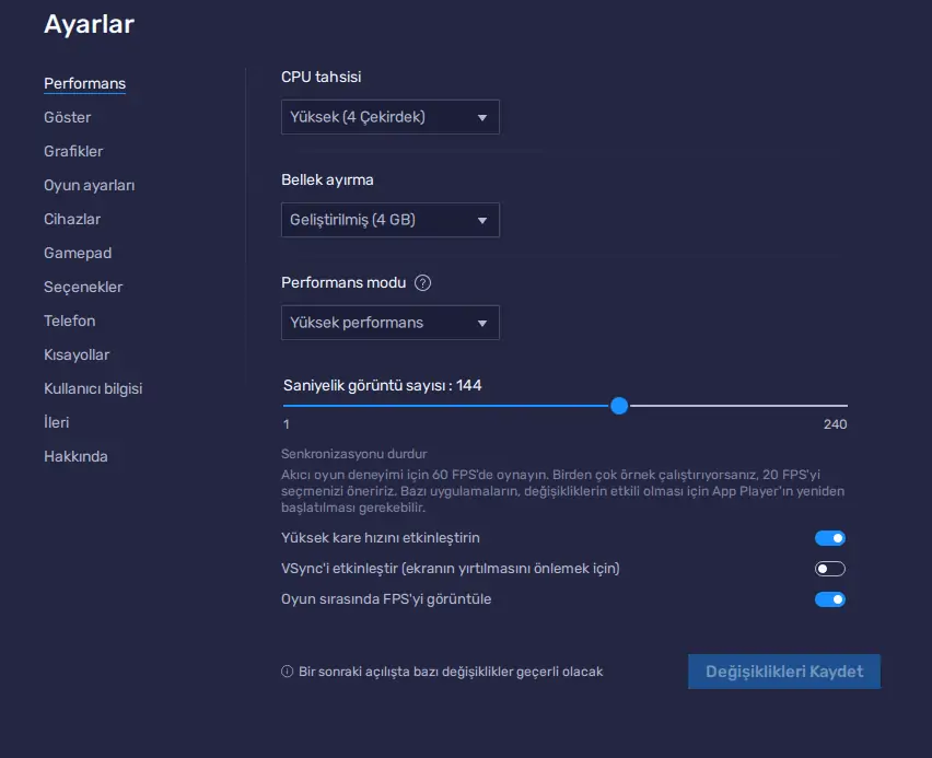 BlueStacks FPS sayacı açma 